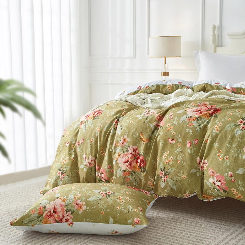 mixinni Duvet Cover King Size, Long Staple Cotton Reversible Green Floral Duvet Cover Set with Zipper Ties, 3 Pieces Botanical Pink Flowers and Green Branches Patterns Bedding Set - Image 2