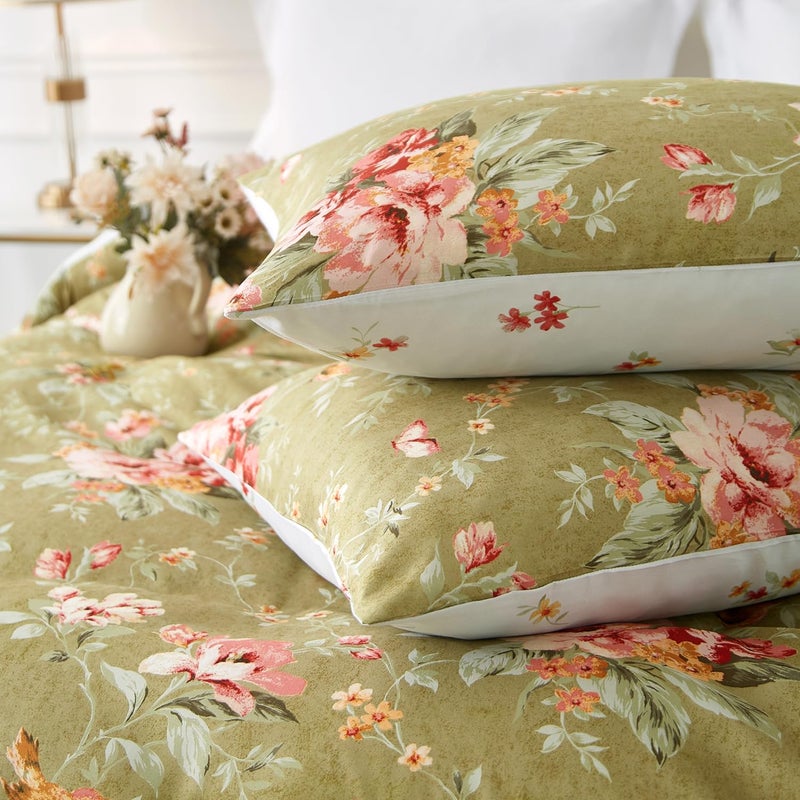 mixinni Duvet Cover King Size, Long Staple Cotton Reversible Green Floral Duvet Cover Set with Zipper Ties, 3 Pieces Botanical Pink Flowers and Green Branches Patterns Bedding Set - Image 5