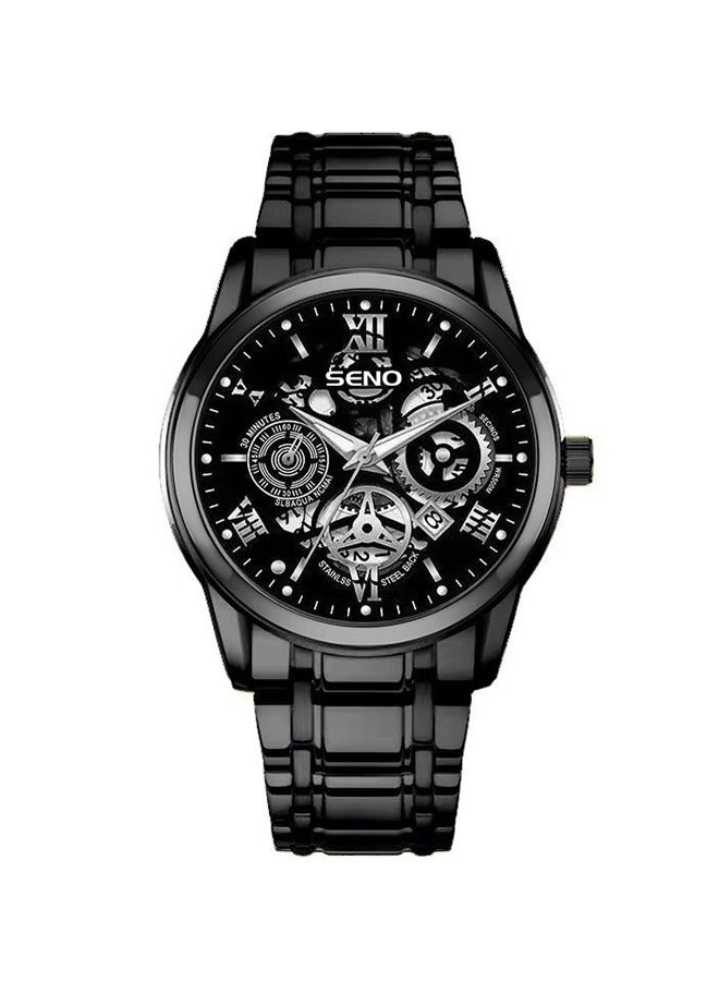 SENO Round hollow-out black dial, fully automatic waterproof luminous quartz men's business-casual watch with metal strap and calendar function - Image 1