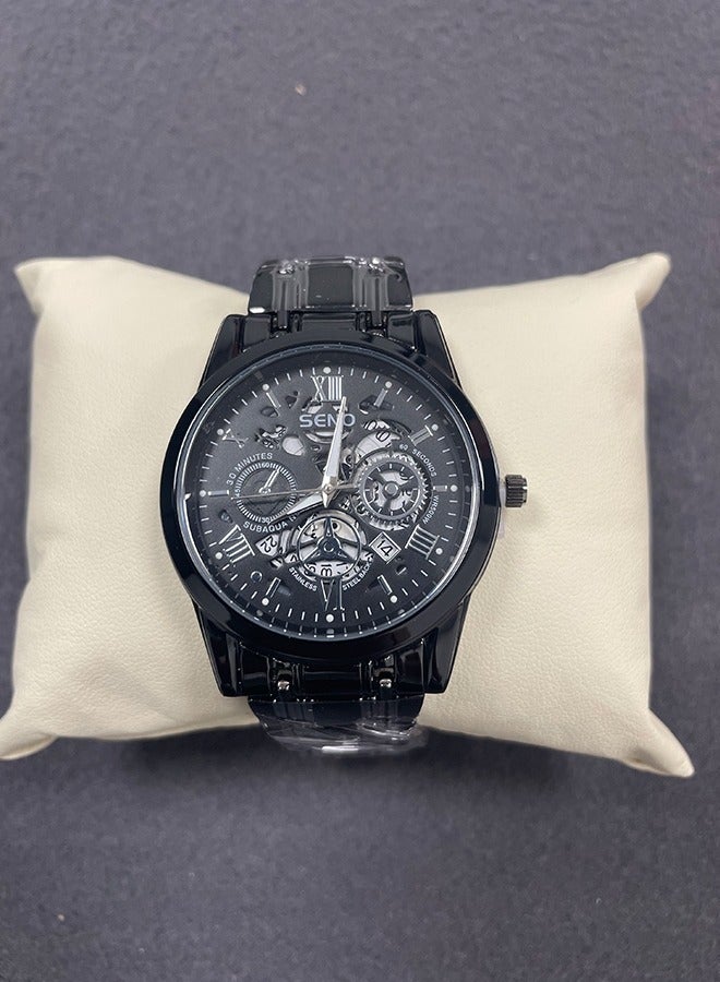 SENO Round hollow-out black dial, fully automatic waterproof luminous quartz men's business-casual watch with metal strap and calendar function - Image 2