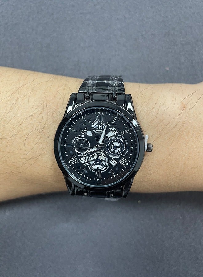 SENO Round hollow-out black dial, fully automatic waterproof luminous quartz men's business-casual watch with metal strap and calendar function - Image 4