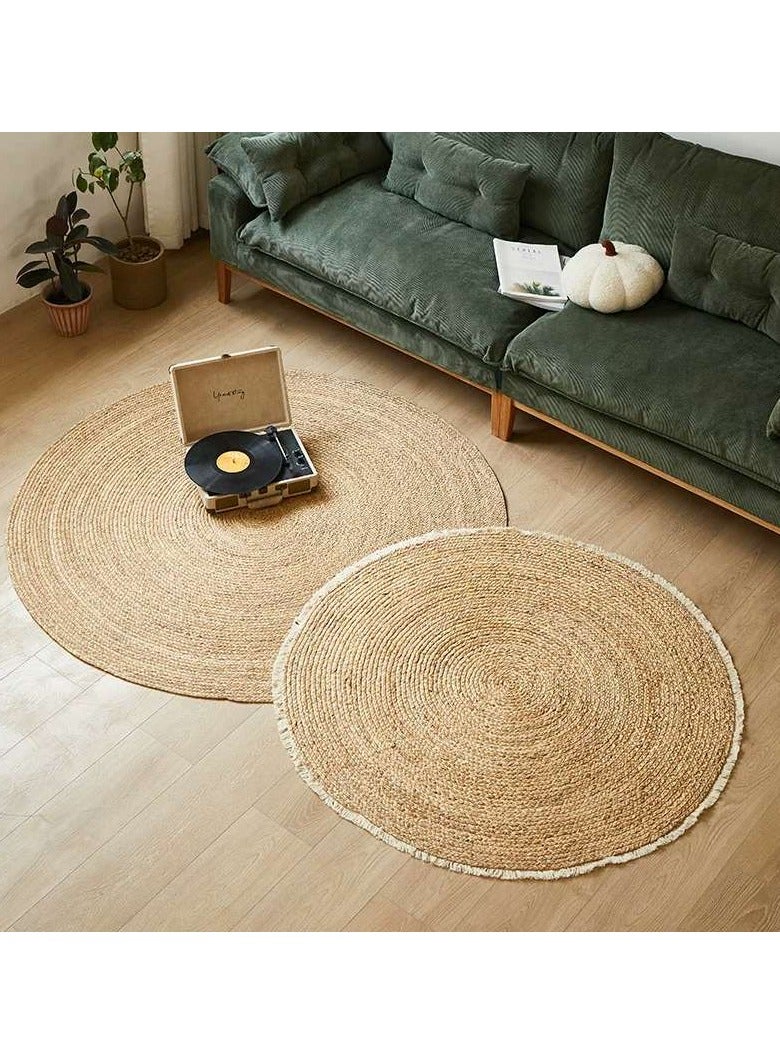 LINGWEI Naturel Round Jute Rug Carpet with Febric Pandant  - Image 3