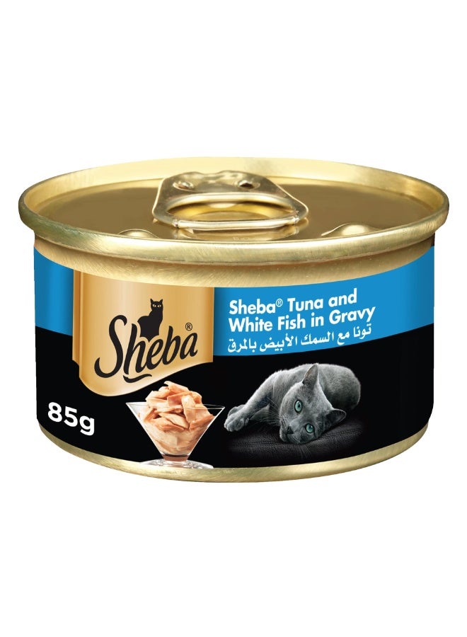 شيبا طعام القطط الرطب الفاخر شيبا تونة وسمك أبيض في مرق 85 جرام للقطط البالغة غني بالبروتين وأوميجا 3 - Image 1