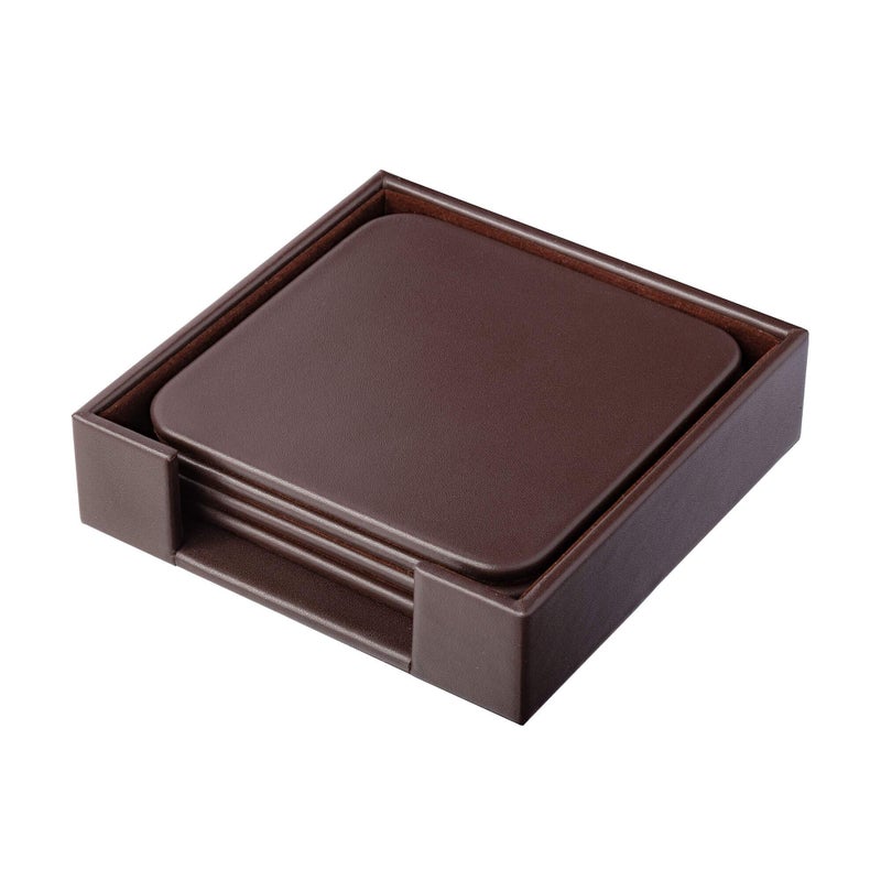 Dacasso Chocolate Brown Leatherette Square Coaster with Holder Set of 4