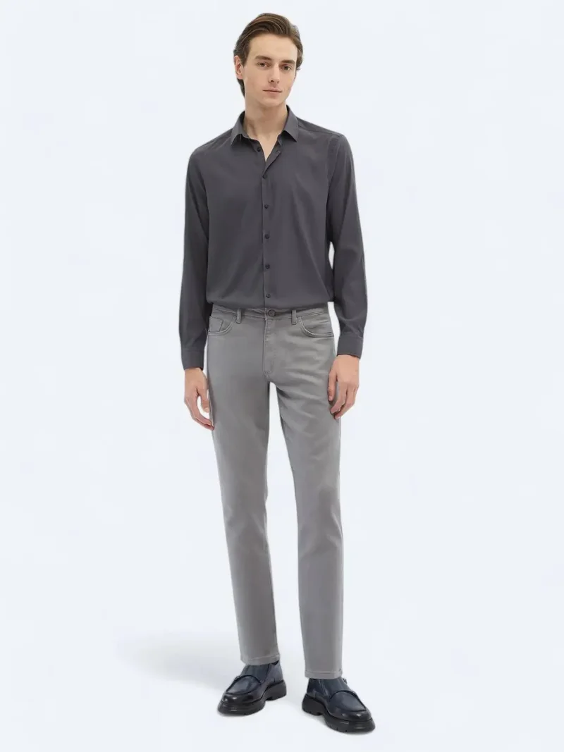 Kip Grey Weaving Slim Fit Casual Cotton Blended Trousers