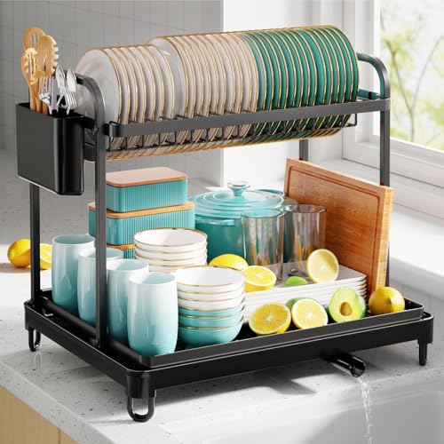 Sakugi 2Tier Dish Drying Rack Stainless Steel Dish Rack with Cutlery Utensil Holders for Kitchen Counter Sink Organization and Storage for Small Family 167 W x 127 L x 158 H Black - Image 1