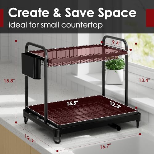 Sakugi 2Tier Dish Drying Rack Stainless Steel Dish Rack with Cutlery Utensil Holders for Kitchen Counter Sink Organization and Storage for Small Family 167 W x 127 L x 158 H Black - Image 3