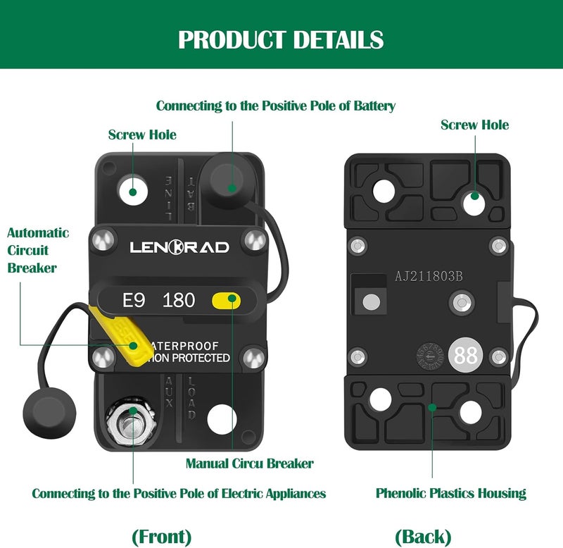 LENKRAD 180amp Marine Circuit Breaker Resettable 180A with Manual Reset Switch Button for Boat Trolling RV Yacht, 12V - 48V DC, Waterproof, Surface Mount(180 Amp Boat Circuit Breaker) - Image 5