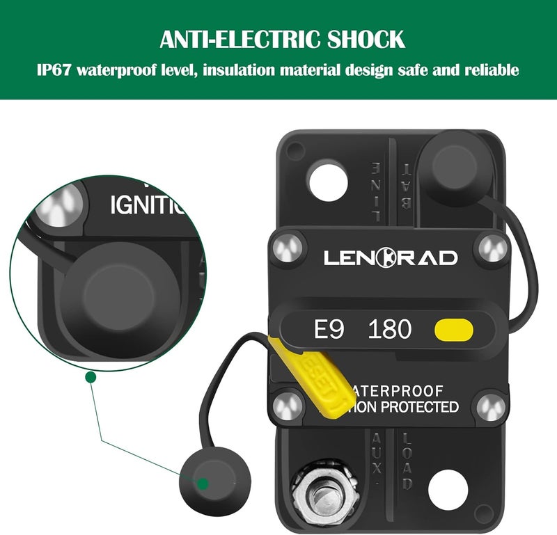 LENKRAD 180amp Marine Circuit Breaker Resettable 180A with Manual Reset Switch Button for Boat Trolling RV Yacht, 12V - 48V DC, Waterproof, Surface Mount(180 Amp Boat Circuit Breaker) - Image 3