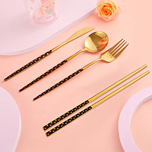 Iktu Premium Gold Plated 304 Stainless Steel Fork Spoon Chopstick Set Flatware Dinnerware Cutlery Tableware Set (Dotted Black) - Image 1
