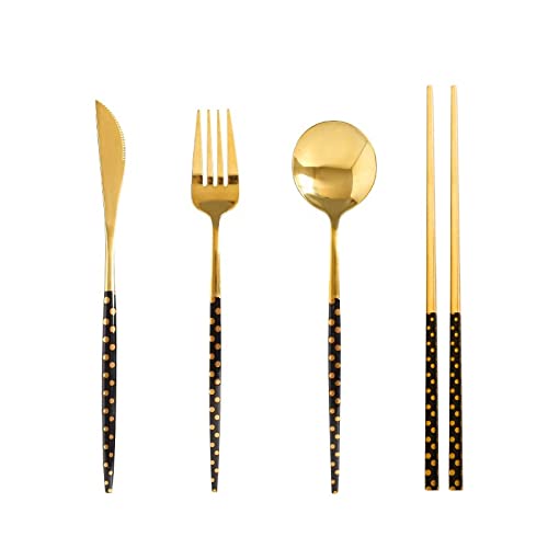 Iktu Premium Gold Plated 304 Stainless Steel Fork Spoon Chopstick Set Flatware Dinnerware Cutlery Tableware Set (Dotted Black) - Image 3
