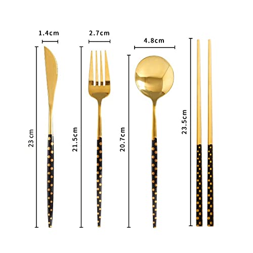 Iktu Premium Gold Plated 304 Stainless Steel Fork Spoon Chopstick Set Flatware Dinnerware Cutlery Tableware Set (Dotted Black) - Image 2