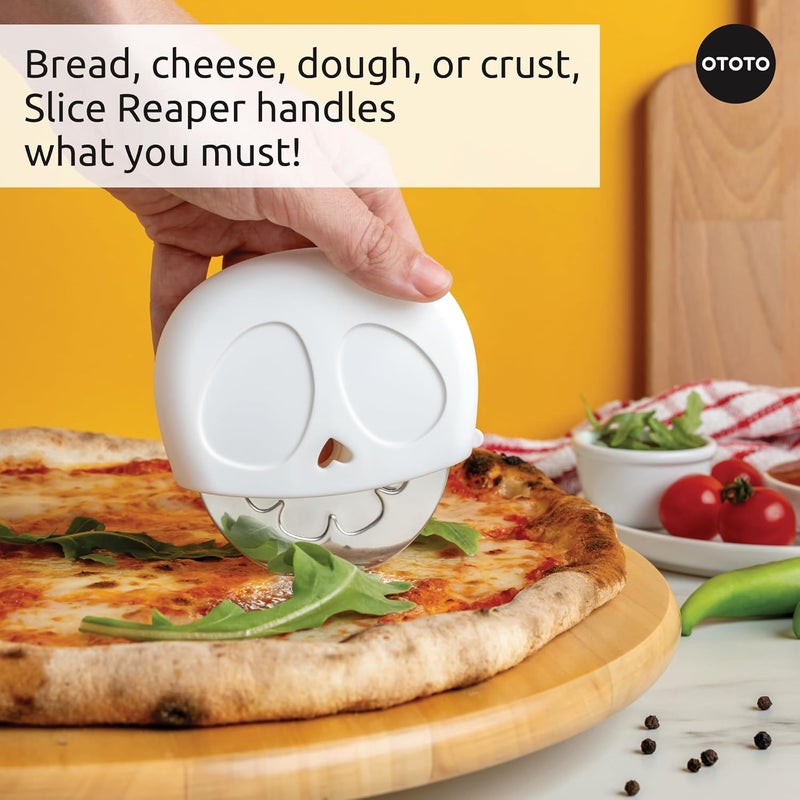 OTOTO NEW - Slice Reaper Pizza Cutter Wheel - Funny Gifts, Grim Reaper Halloween Gifts Cute Kitchen Accessories, Pizza Slicer with Cover, Kitchen Gothic Spooky Gifts, Stainless Steel Handheld (Skull) - Image 4