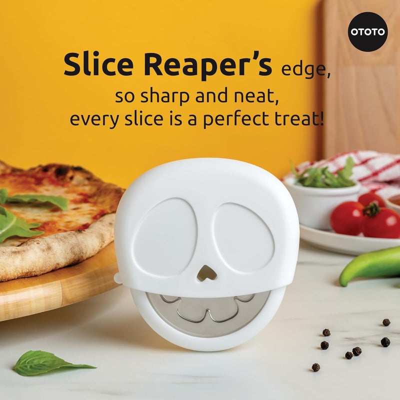 OTOTO NEW - Slice Reaper Pizza Cutter Wheel - Funny Gifts, Grim Reaper Halloween Gifts Cute Kitchen Accessories, Pizza Slicer with Cover, Kitchen Gothic Spooky Gifts, Stainless Steel Handheld (Skull) - Image 2