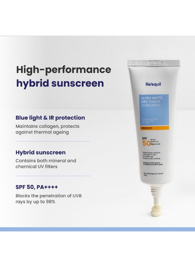 RE' EQUIL Ultra Matte Dry Touch Sunscreen | SPF 50 PA++++ | Water & Sweat Resistant | No White Cast, Non-Greasy & Non-Comedogenic | For All Skin Types | 50G - Image 4