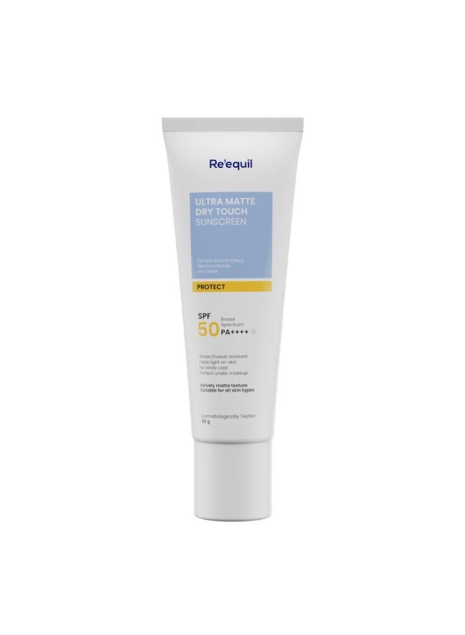RE' EQUIL Ultra Matte Dry Touch Sunscreen | SPF 50 PA++++ | Water & Sweat Resistant | No White Cast, Non-Greasy & Non-Comedogenic | For All Skin Types | 50G - Image 1