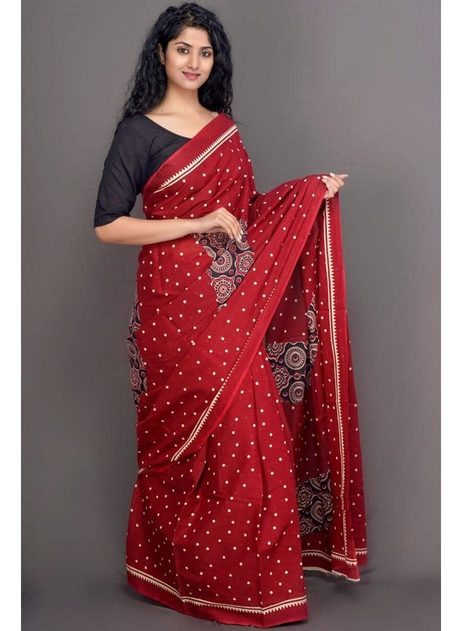 Kiaaron Handicrafts Women's Ikat Hand Block Print Jaipuri Cotton Mulmul Saree with Blouse Piece - _SH_148 - Image 4