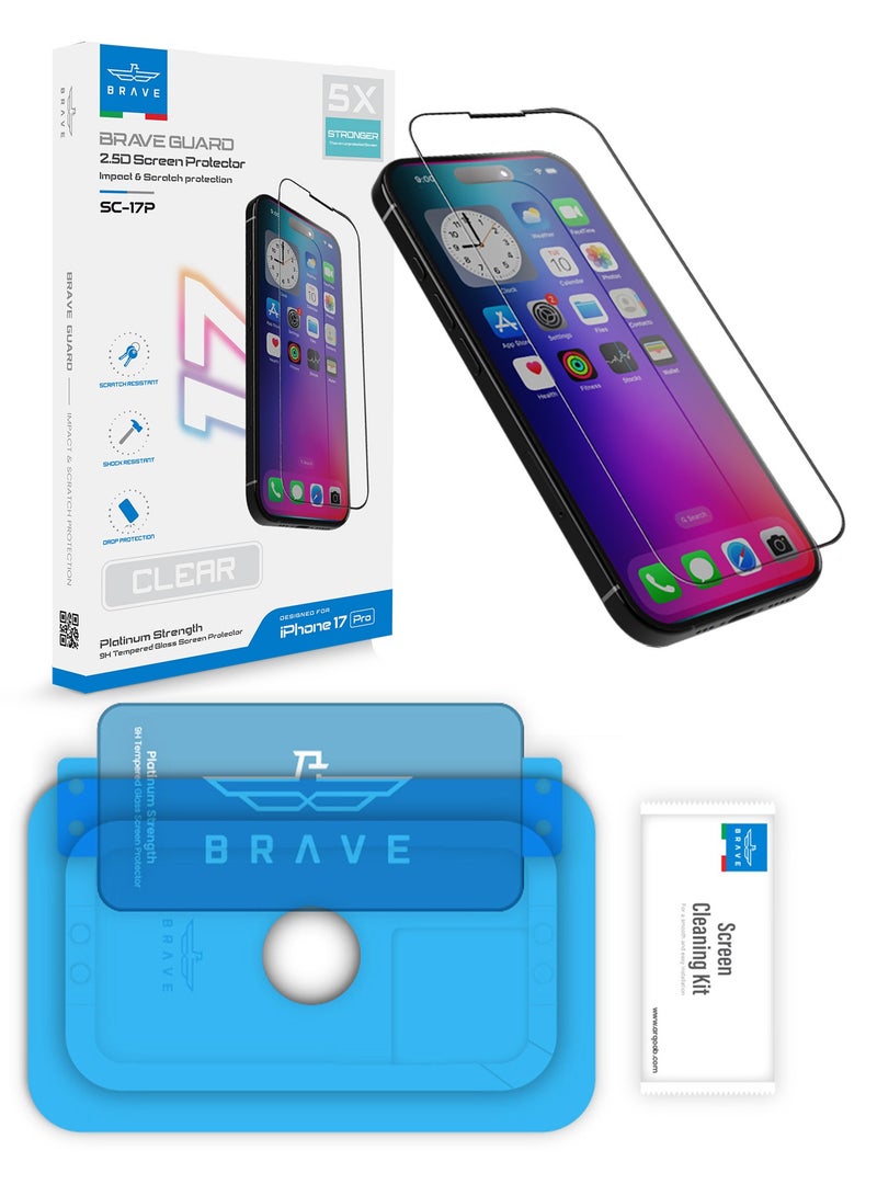 Brave iPhone 17 Pro HD Tempered Glass Screen Protector - Full Coverage Edge-to-Edge Protection, HD Clear Display, 9H Hardness Scratch Resistant, Anti-Fingerprint & Smudge-Free, Smooth Touch, Face ID Compatible, Bubble-Free Installation with Tray, Slim, Durable & Case Friendly Design (Clear) - Image 1