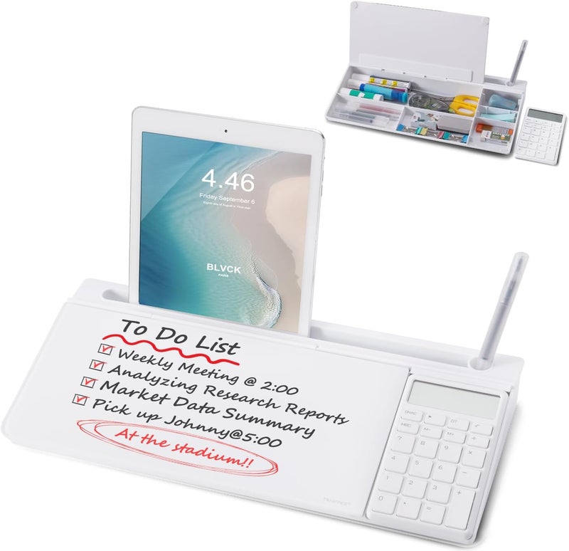 TSJ OFFICE Small Glass Desktop Whiteboard Dry-Erase-Board - Computer Keyboard Stand with Calculator White Board Surface Pad with Drawer, Desk Organizers with Accessories for Office, Home, School Supplies - Image 1