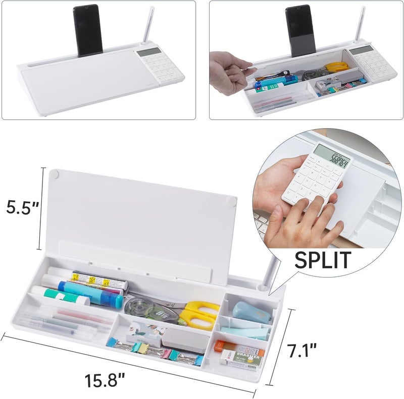 TSJ OFFICE Small Glass Desktop Whiteboard Dry-Erase-Board - Computer Keyboard Stand with Calculator White Board Surface Pad with Drawer, Desk Organizers with Accessories for Office, Home, School Supplies - Image 4