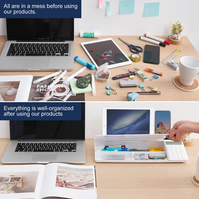 TSJ OFFICE Small Glass Desktop Whiteboard Dry-Erase-Board - Computer Keyboard Stand with Calculator White Board Surface Pad with Drawer, Desk Organizers with Accessories for Office, Home, School Supplies - Image 3