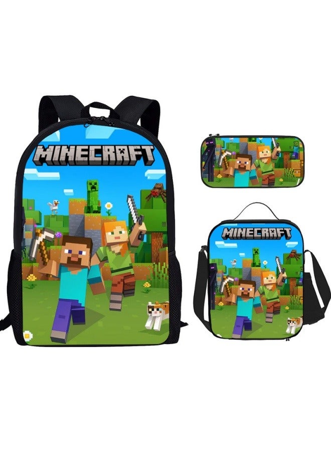 ماين كرافت حقيبة ظهر للأطفال ثلاثية القطع لحقيبة غداء وحقيبة أقلام وحقيبة ظهر كرتونية بسعة كبيرة وخفيفة الوزن لتخفيف العبء.