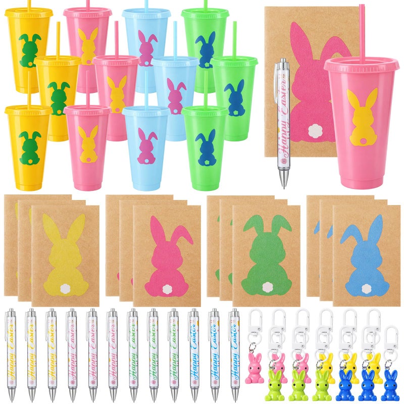 Willinglong 12 Set / 60 Pcs Easter Gift Include 24 oz Tumbler with Lids and Straws, Bunny Notebook, Colorful Pen for Easter Party Favor Basket Stuffers Classroom Prizes Gifts - Image 1