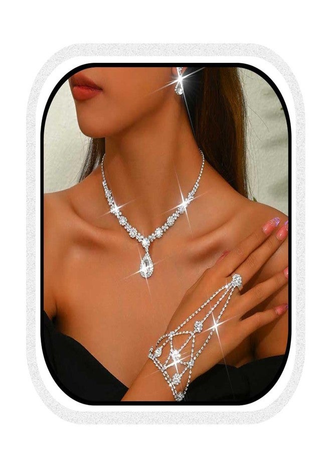 CLOACE Rhinestone Wedding Bridal Jewelry Set Silver Sparkly Earrings Bracelet Prom Necklace Jewelry Accessories for Women (Silver) - Image 1