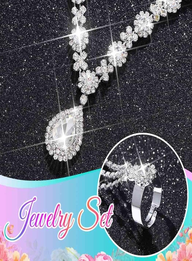 CLOACE Rhinestone Wedding Bridal Jewelry Set Silver Sparkly Earrings Bracelet Prom Necklace Jewelry Accessories for Women (Silver) - Image 5