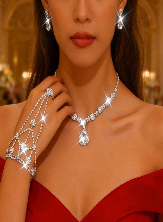 CLOACE Rhinestone Wedding Bridal Jewelry Set Silver Sparkly Earrings Bracelet Prom Necklace Jewelry Accessories for Women (Silver) - Image 4