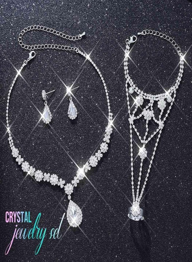 CLOACE Rhinestone Wedding Bridal Jewelry Set Silver Sparkly Earrings Bracelet Prom Necklace Jewelry Accessories for Women (Silver) - Image 2