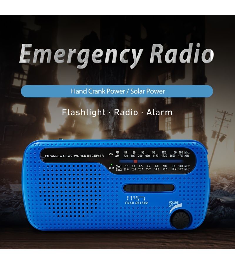 راديو الطوارئ الشمسي مع كرنك يدوي، AM FM SW، أسود، كشاف يدوي، شاحن هاتف - Image 3