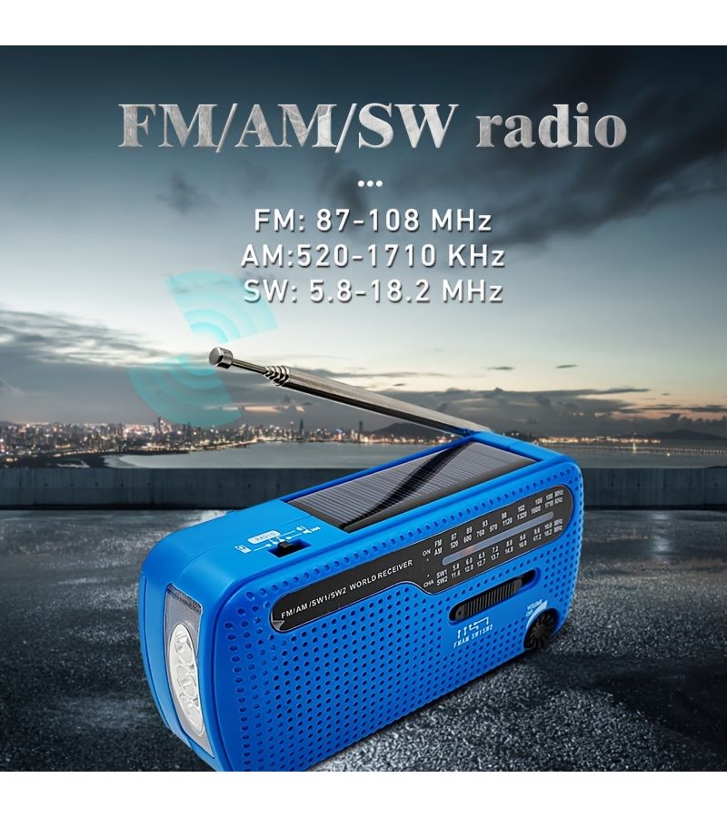 راديو الطوارئ الشمسي مع كرنك يدوي، AM FM SW، أسود، كشاف يدوي، شاحن هاتف - Image 2