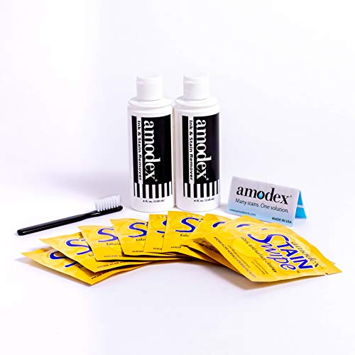 Amodex Ink & Stain Remover Arsenal, Safe and Effective on Clothes, Leather and Skin, Full Set for all your Stain Removal Needs, Includes 2 Bottles, 1 Brush, 10 Wipes - Image 1