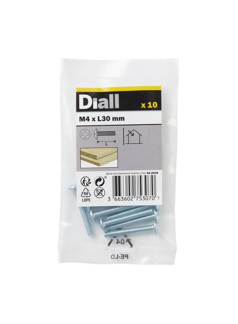 ACE Diall Zinc-Plated Carbon Steel Drawer Knob Screw Pack M4 x 30mm 10Pcs