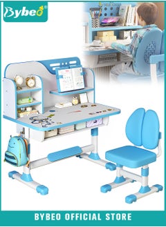 Enlarged Kids Table and Chair Set, Kid Study Table, Multifunctional Children's Reading Study Activity Desk, Ergonomic Toddler Chairs, with Storage Drawer, Bookcase, Double Shelves, for School Student Writing Studying
