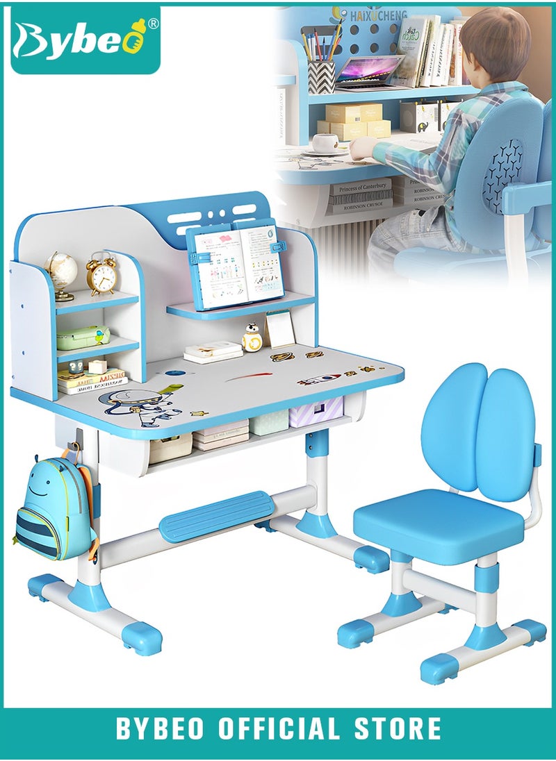 Bybeo Enlarged Kids Table and Chair Set, Kid Study Table, Multifunctional Children's Reading Study Activity Desk, Ergonomic Toddler Chairs, with Storage Drawer, Bookcase, Double Shelves, for School Student Writing Studying  - Image 1