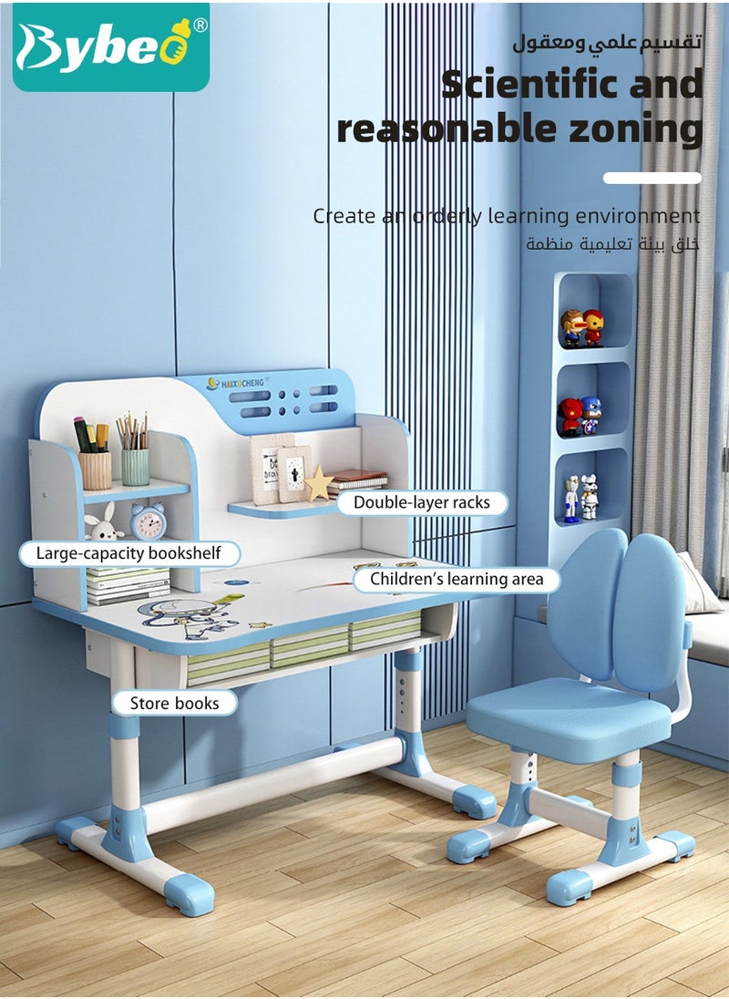 Bybeo Enlarged Kids Table and Chair Set, Kid Study Table, Multifunctional Children's Reading Study Activity Desk, Ergonomic Toddler Chairs, with Storage Drawer, Bookcase, Double Shelves, for School Student Writing Studying  - Image 2