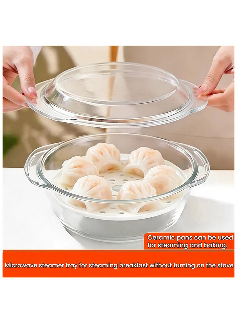 عام **وعاء زجاجي سعة 1500 مل مع صينية تبخير خزفية 18 سم - آمن للمايكرويف، حاوية طعام للتبخير والتجميد** - Image 3