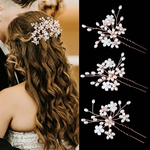 Sppry Elegant Pearl Wedding Hair Pins, Floral Crystal Hair Accessories for Bridal Women, Pack of 3 (Rose Gold) - Image 2