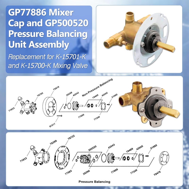 TycoonWon GP77886 Mixer Cap and GP500520 Pressure Balancing Unit Assembly Compatible with Kohler K-15701-K and K-15700-K mixing valve - Image 2