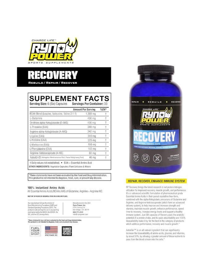 Ryno Power Recovery 100% Instantized Amino Acids 300 Capsules - Image 2