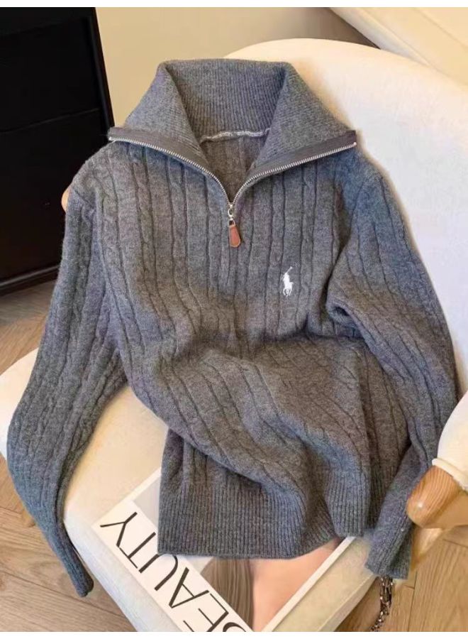 Leyuan Autumn Winter New Long Sleeve Retro Cable Knit High Neck Pullover Sweater Women's Coat Half Zip Knit Top - Image 1