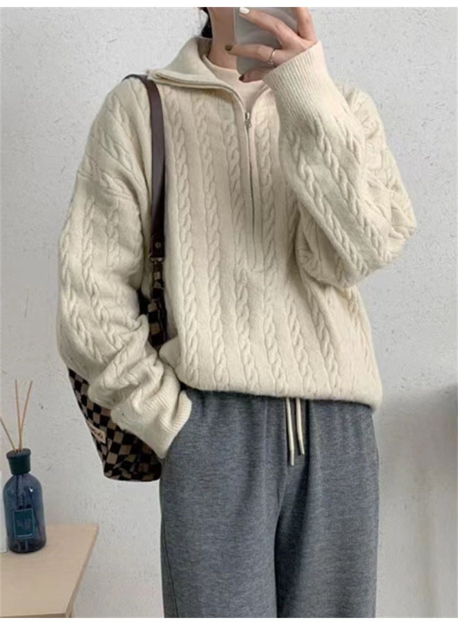 Leyuan Autumn Winter New Long Sleeve Retro Cable Knit High Neck Pullover Sweater Women's Coat Half Zip Knit Top - Image 4