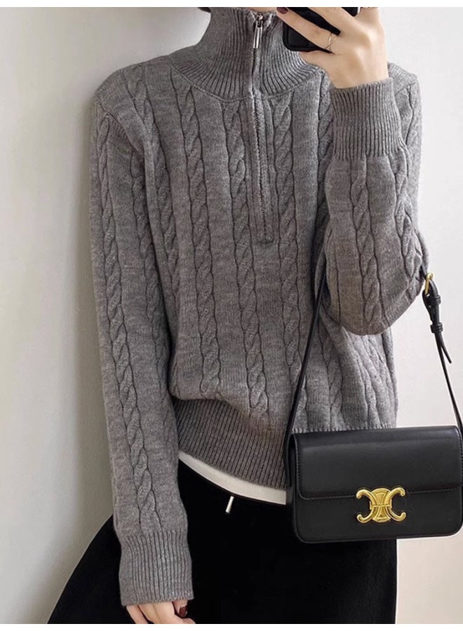 Leyuan Autumn Winter New Long Sleeve Retro Cable Knit High Neck Pullover Sweater Women's Coat Half Zip Knit Top - Image 3