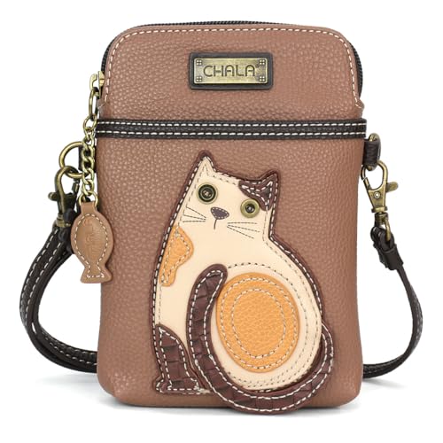 CHALA Cat Collection Cell Phone Crossbody Purse-Women PU Leather/Canvas Multicolor Handbag with Adjustable Strap - LaZzy Cat - brown - Image 1