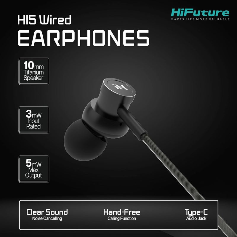 Hifuture HI5 USB-C Wired Earphones with Mic, Hi-Res Sound, Black - Image 2