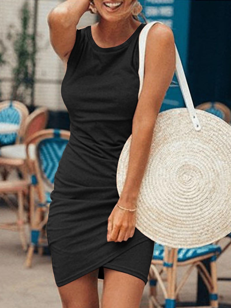 AUXDIO Women Summer Bodycon Dresses Casual Tank Sleeveless Ruched Wrap 2026 Party Club Mini Dress Black Medium - Image 5