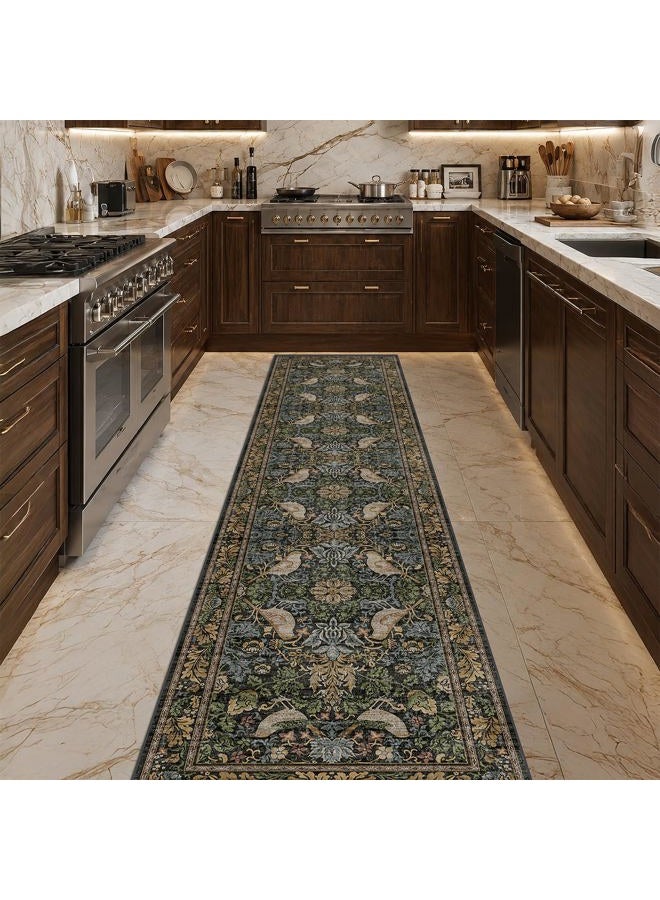 Hazo Haus Extra Long Runner Rugs for Hallways 2x10 - Vintage Botanical Floral Runners for Kitchen Laundry Room Hall Way, Washable Non Slip Low Pile Boho Dark Bird Rugs - Brown - Image 1