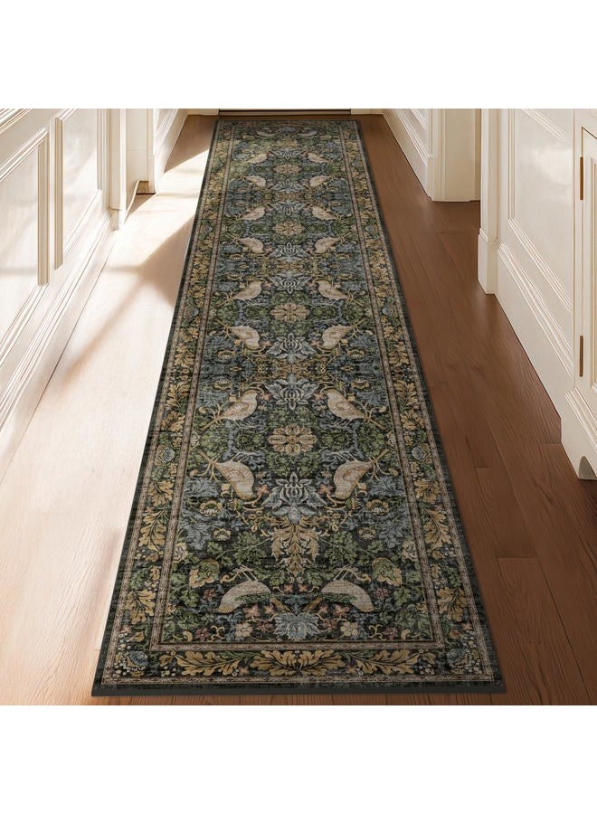 Hazo Haus Extra Long Runner Rugs for Hallways 2x10 - Vintage Botanical Floral Runners for Kitchen Laundry Room Hall Way, Washable Non Slip Low Pile Boho Dark Bird Rugs - Brown - Image 3